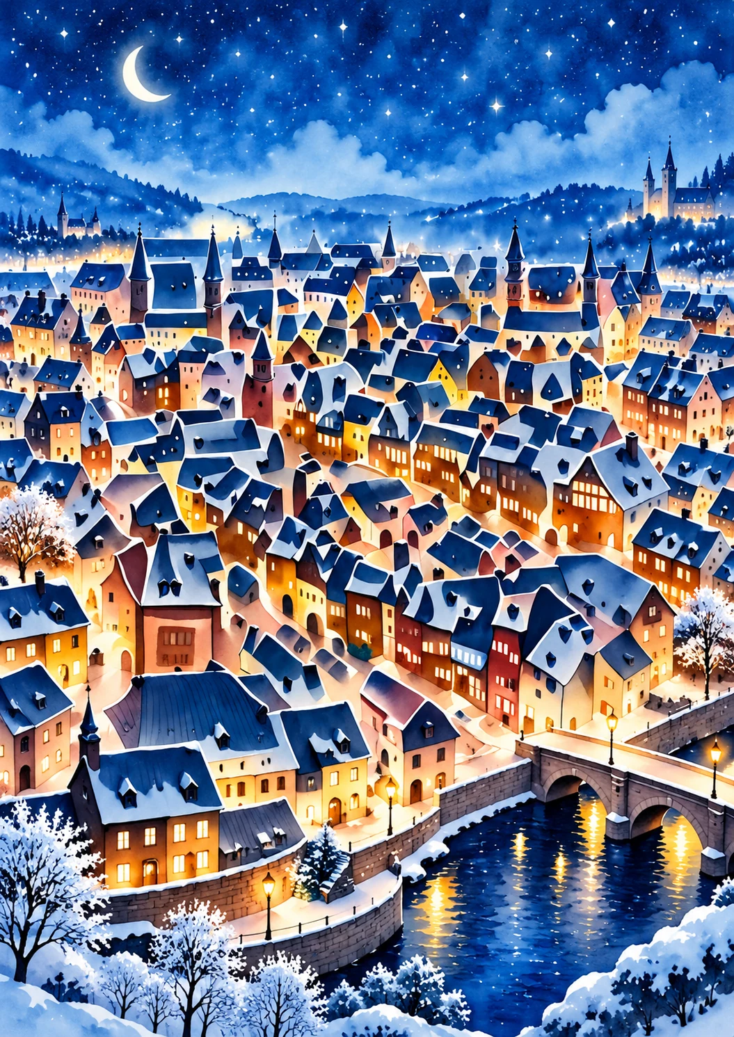 雪の積もる夜の街と川にかかる石橋を描いた水彩風イラスト。絵の中にQRコードが隠れている。